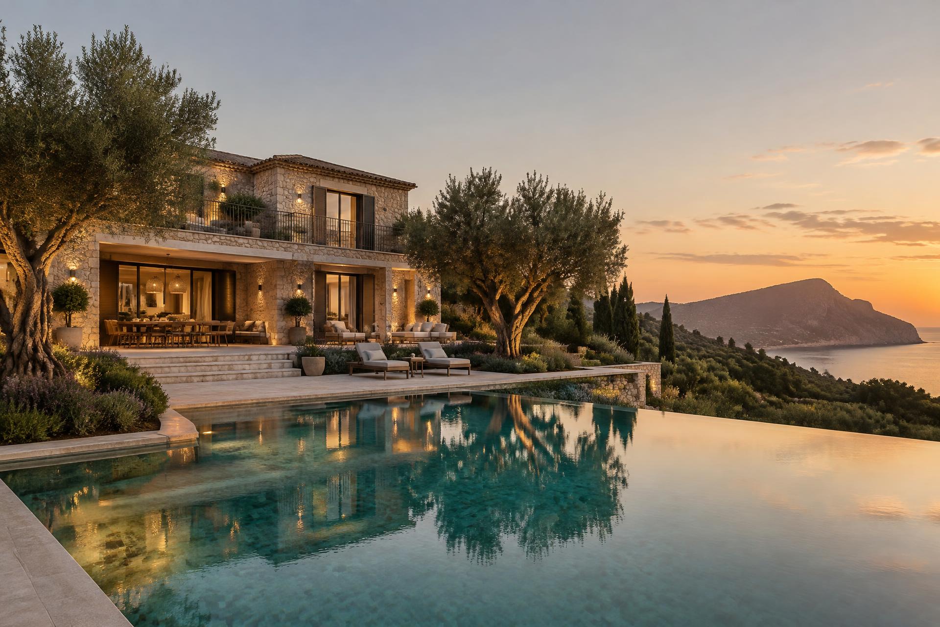 Mallorquinische Villa mit Pool im Abendlicht